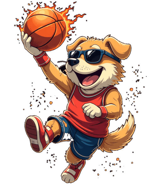a dog dunking a basketball