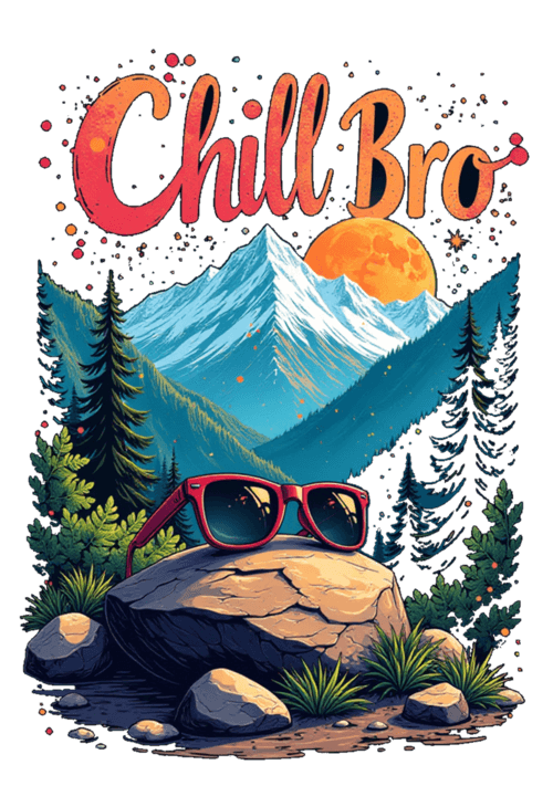 A valley at the foothills of Himalaya with text “chill bro”