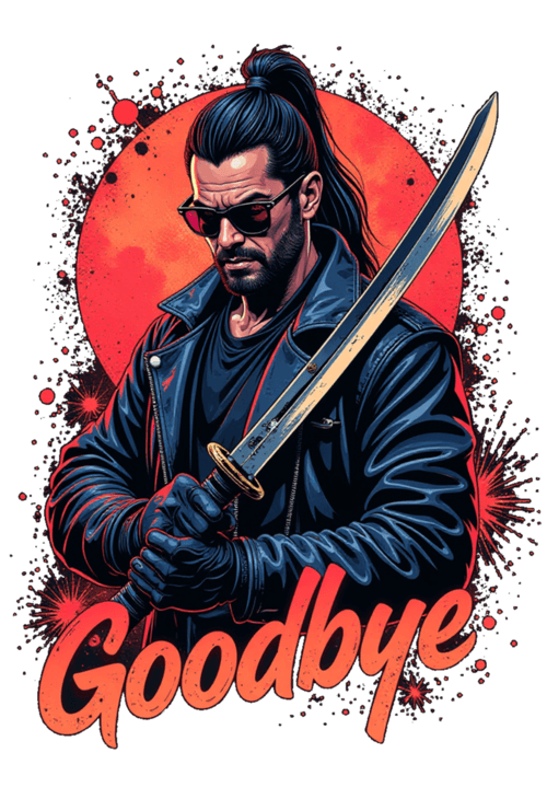 Samurai holding a sword. And text on bottom “goodbye”